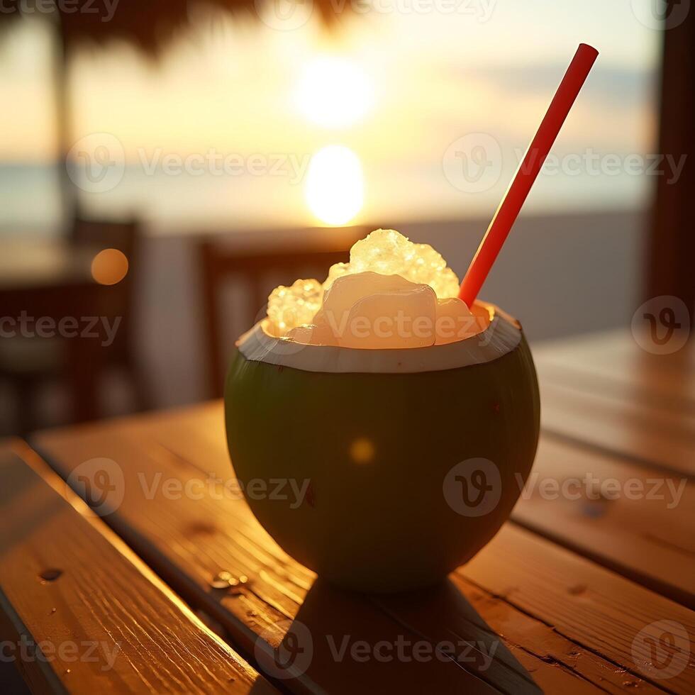 Enjoying Coconut Drink with Straw at Sunset on Wooden Table photo