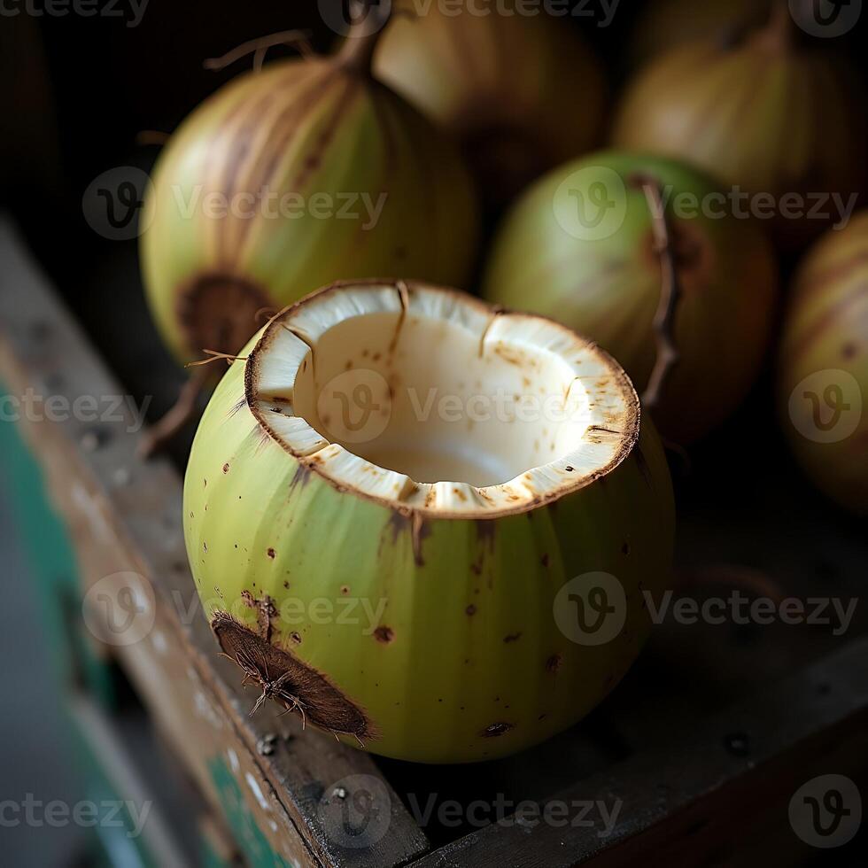 Opened Coconut on Wood Surface Fresh Tropical Fruit photo