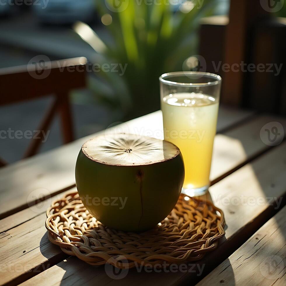 Refreshing Coconut and Drink on Wooden Table in Sunlight photo