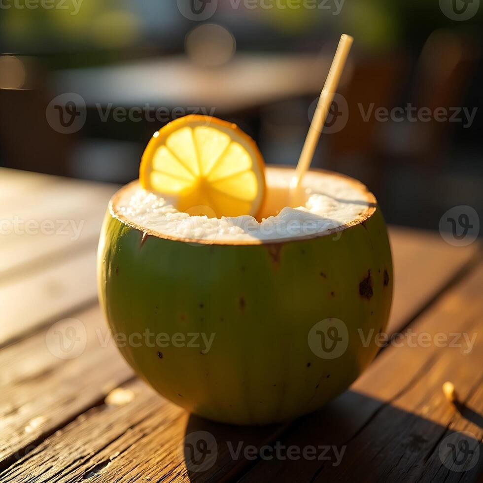 Coconut Drink with Lemon Slice on Wooden Table in Sunlight photo