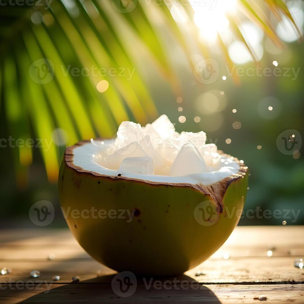 Coconut Filled with Ice on Wood Table in Sunlight photo