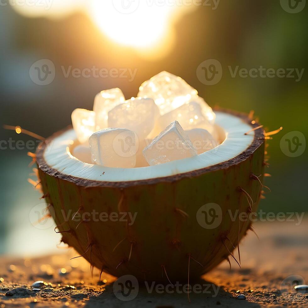 Coconut Half Filled with White Cubes in Golden Light photo