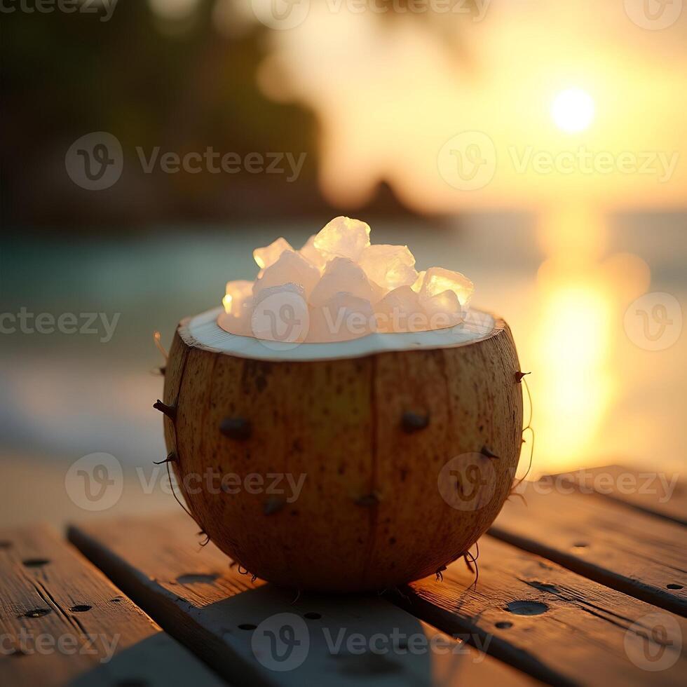 Coconut with Ice on Wooden Table at Sunset Tropical Refreshment photo