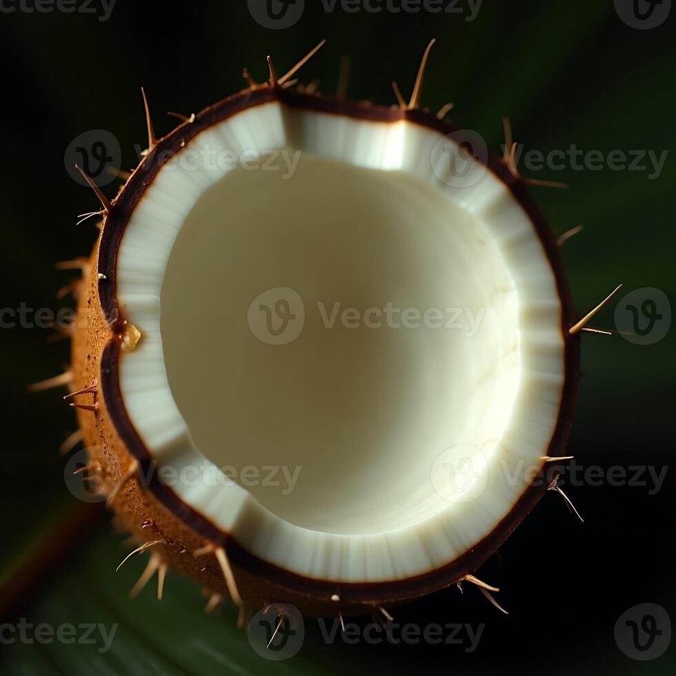 Halved Coconut Close-Up with Thorny Husk on Transparent Background photo
