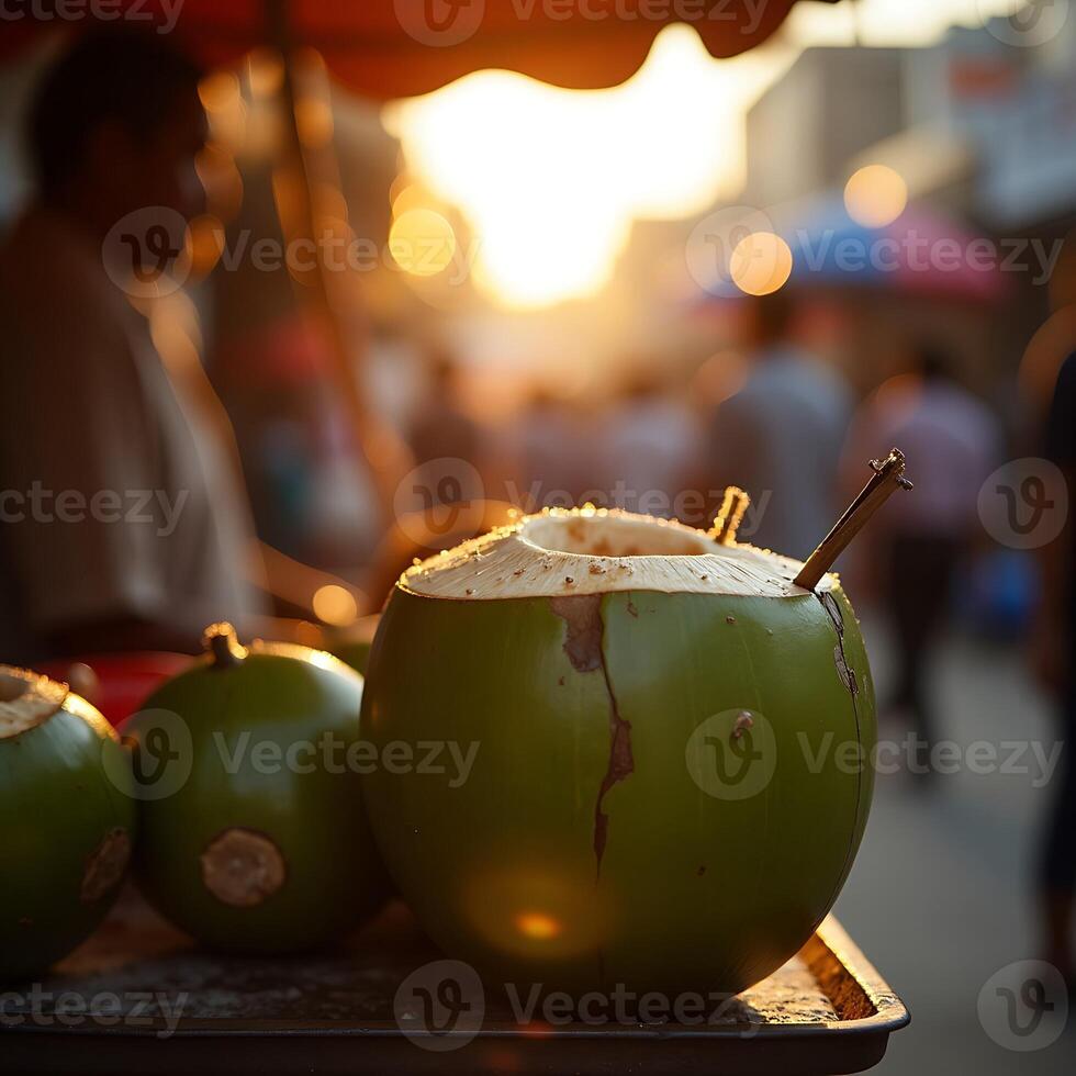 Enjoying Fresh Green Coconuts at Outdoor Street Food Market photo