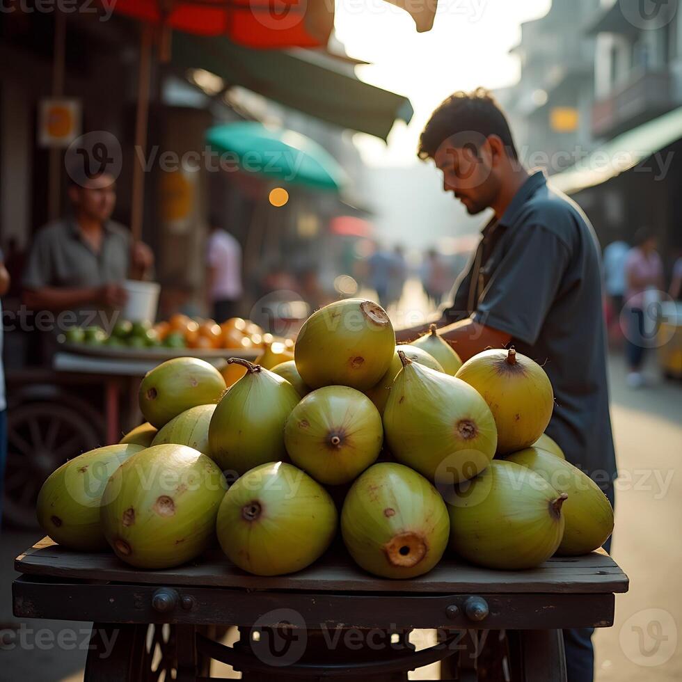 Coconuts on a Cart Vendor Preparing in City Street Market photo