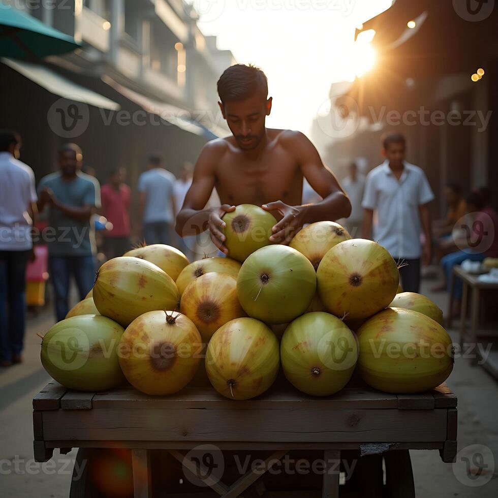 Selling Fresh Melons on Cart at Outdoor Market during Sunny Day photo