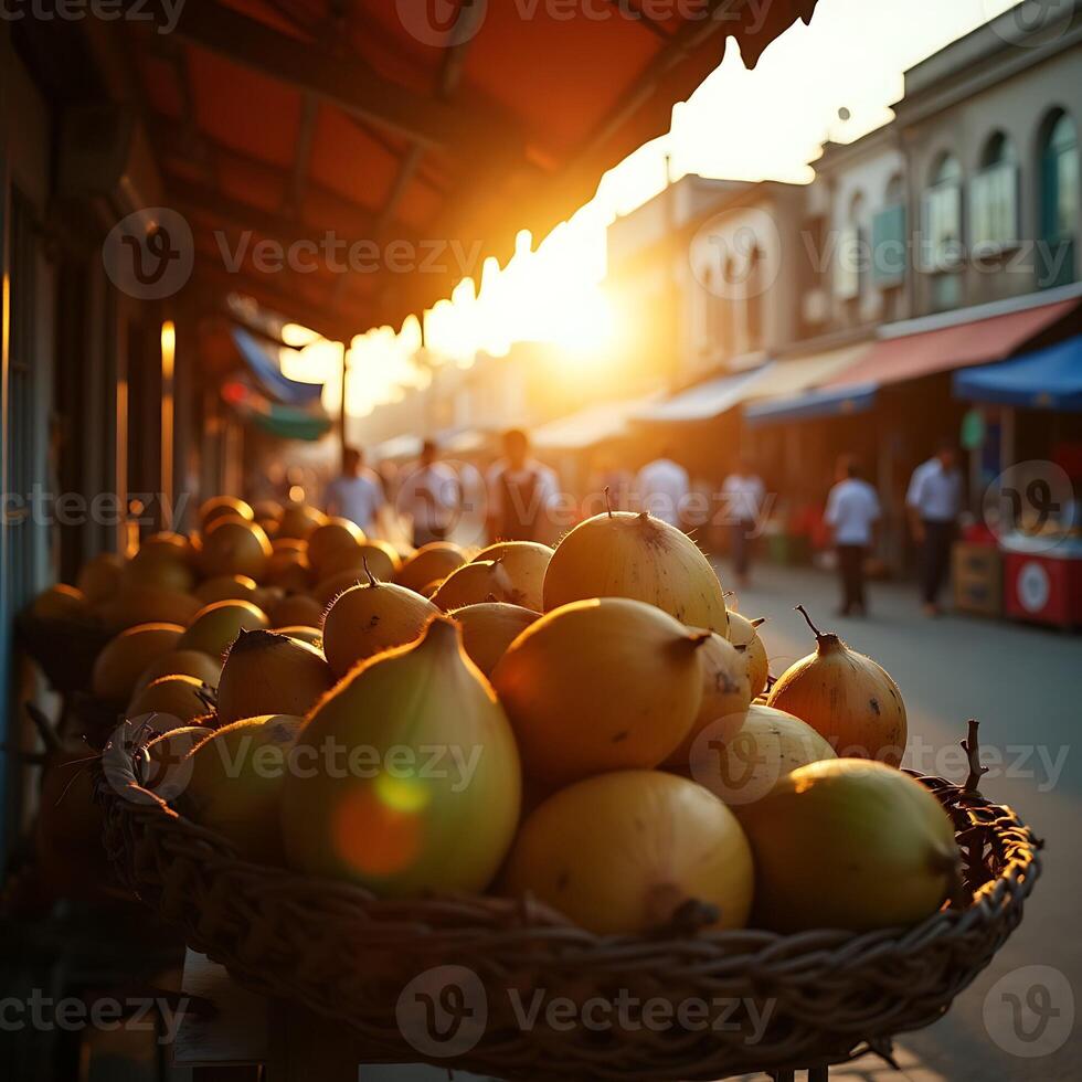 Basket of Fruits at Outdoor Market with Bright Sunlight photo