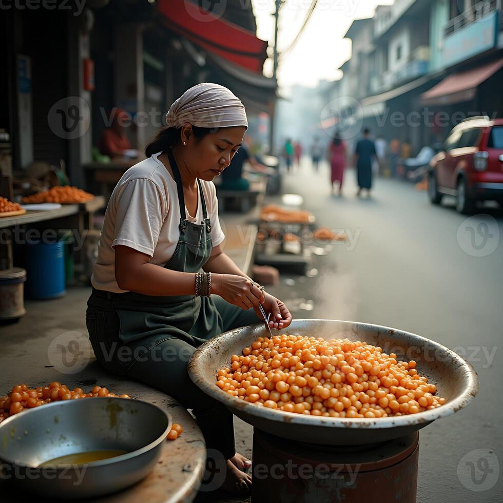 Woman Preparing Food on Street Market, Cooking Balls photo