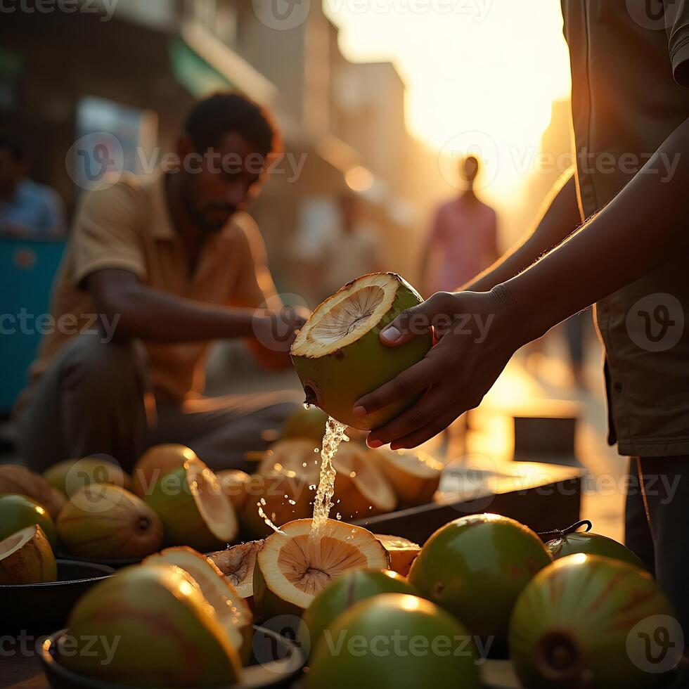 Preparing Fresh Coconut Water at Outdoor Market during Sunset photo