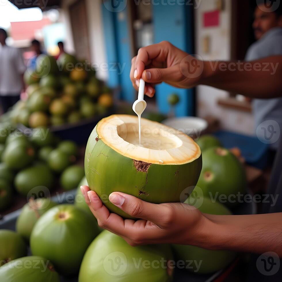 Drinking Fresh Coconut Water with Spoon at Outdoor Market photo