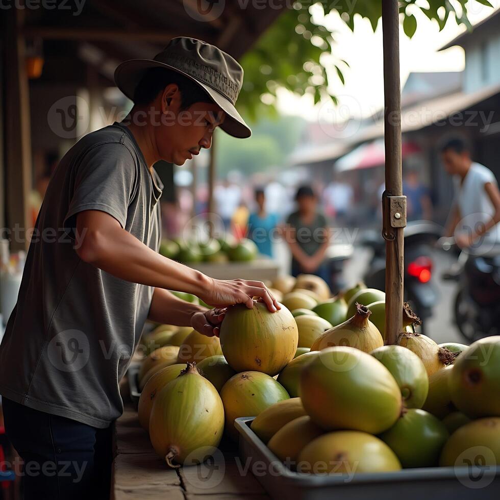 Vendor Sorting Fruits at Outdoor Market Stand photo