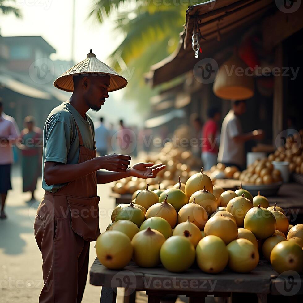 Vendor at Outdoor Market Displaying Fresh Produce photo