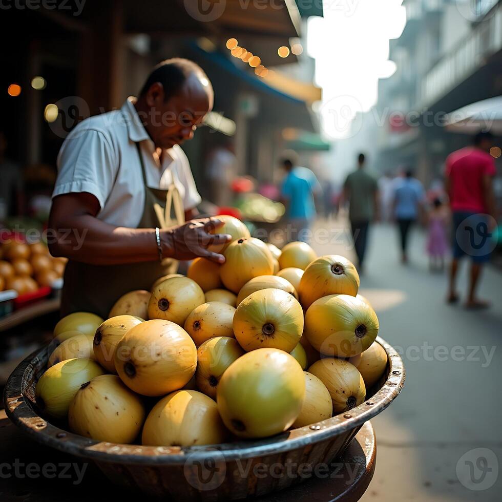 Fruit vendor arranging produce in market outdoor photo