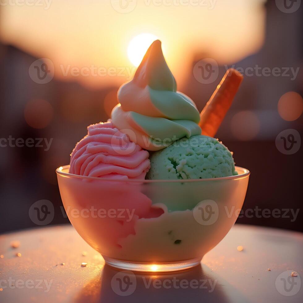 Enjoying Ice Cream Sundae at Sunset A Delightful Dessert photo
