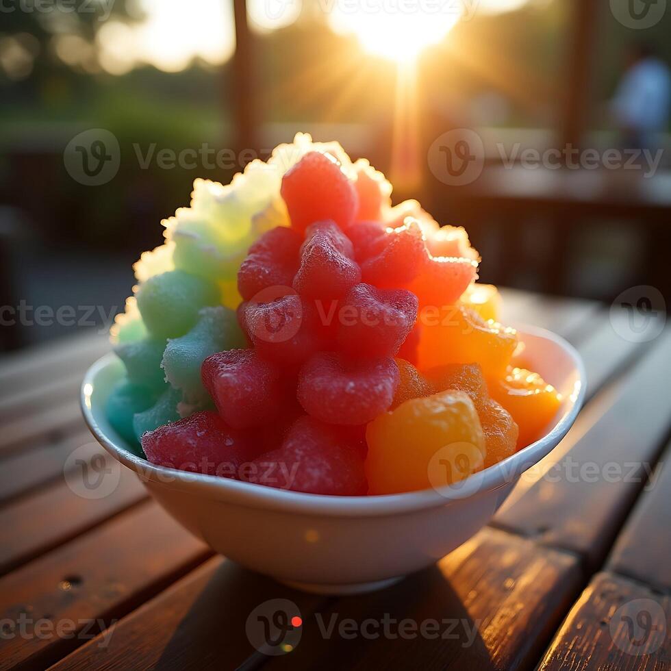 Eating Colorful Shaved Ice Dessert Bowl on Wood Table at Sunset photo