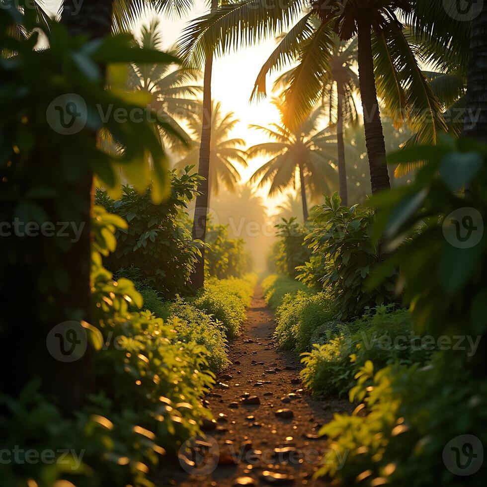 Walking on Path Through Palm Trees at Sunrise photo