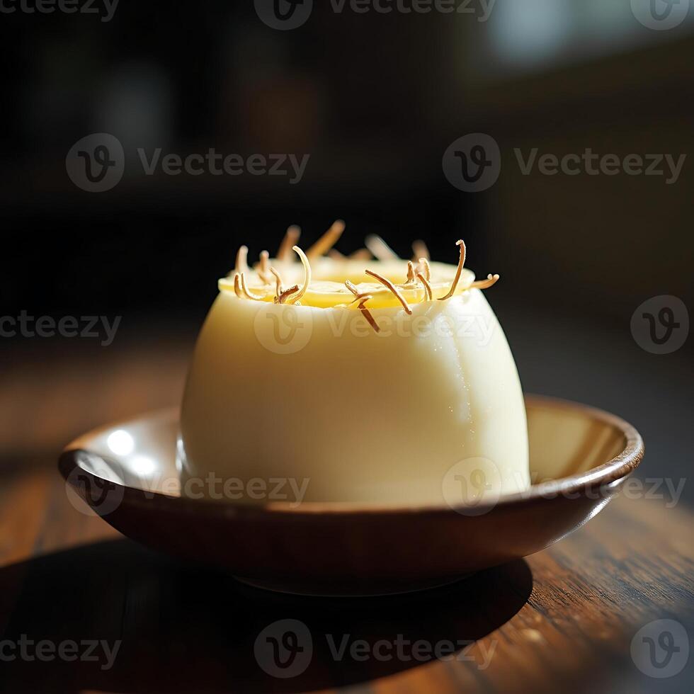 Serving round dessert on plate with unique topping photo