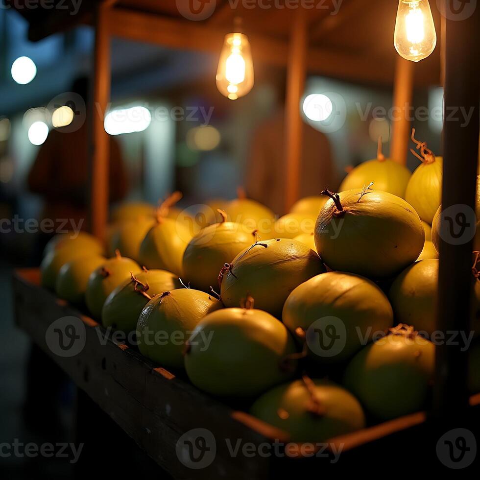 Melon Display at Night Market with Warm Lighting photo