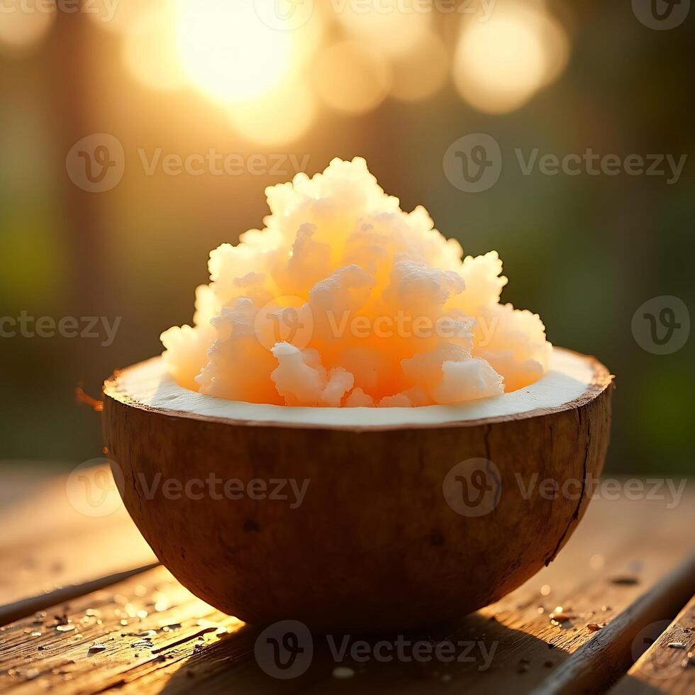 Coconut Bowl with Shaved Ice Dessert at Sunset photo