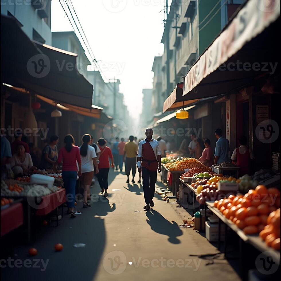 Walking through a Crowded Street Market with Fruit and Vegetables photo