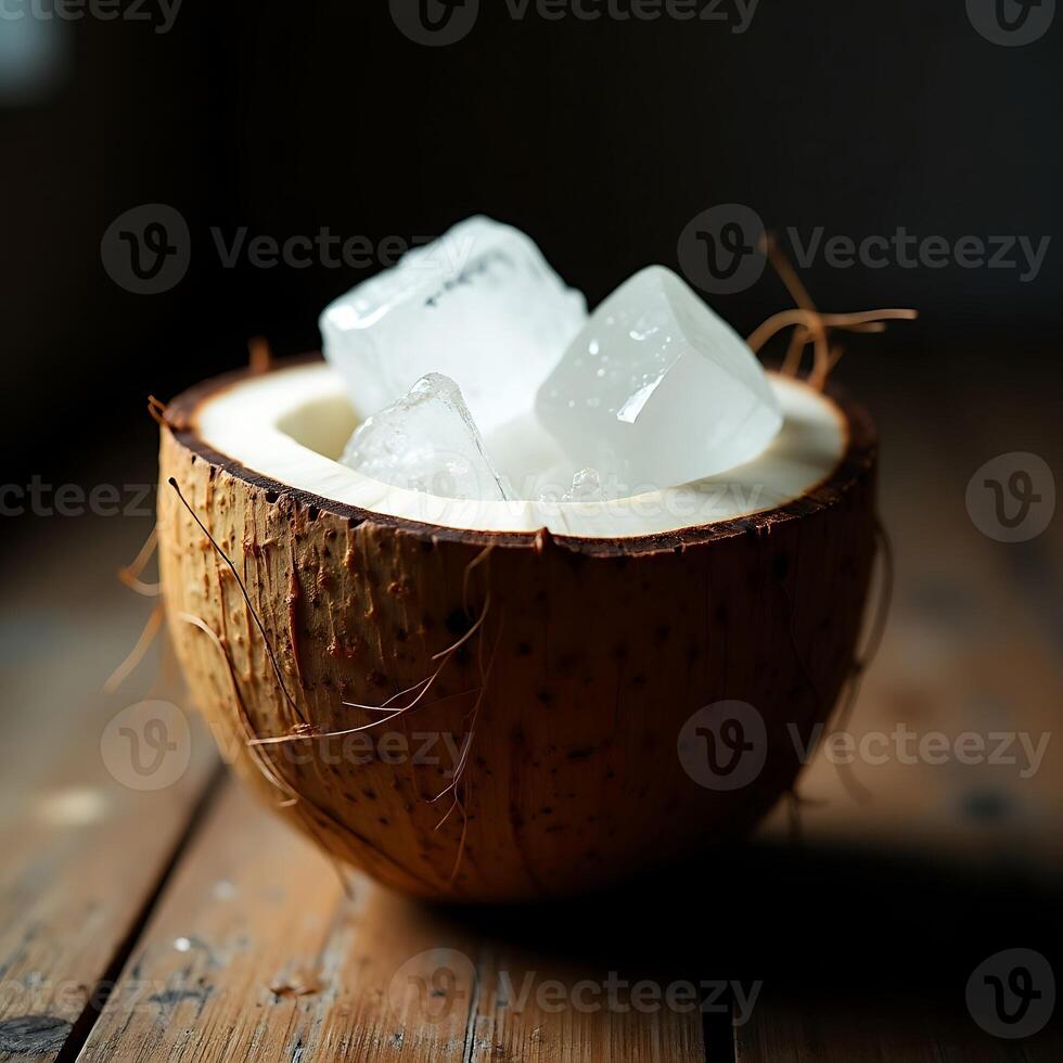 Serving Ice Cubes in Fresh Coconut Half on Wooden Table photo