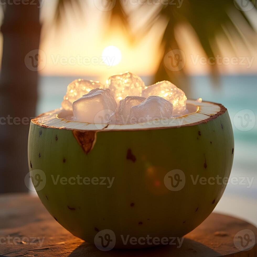 Coconut Filled with Ice Cubes at Tropical Beach Sunset photo