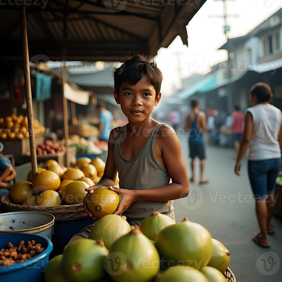 Boy Holding Fruit at Outdoor Market Scene photo