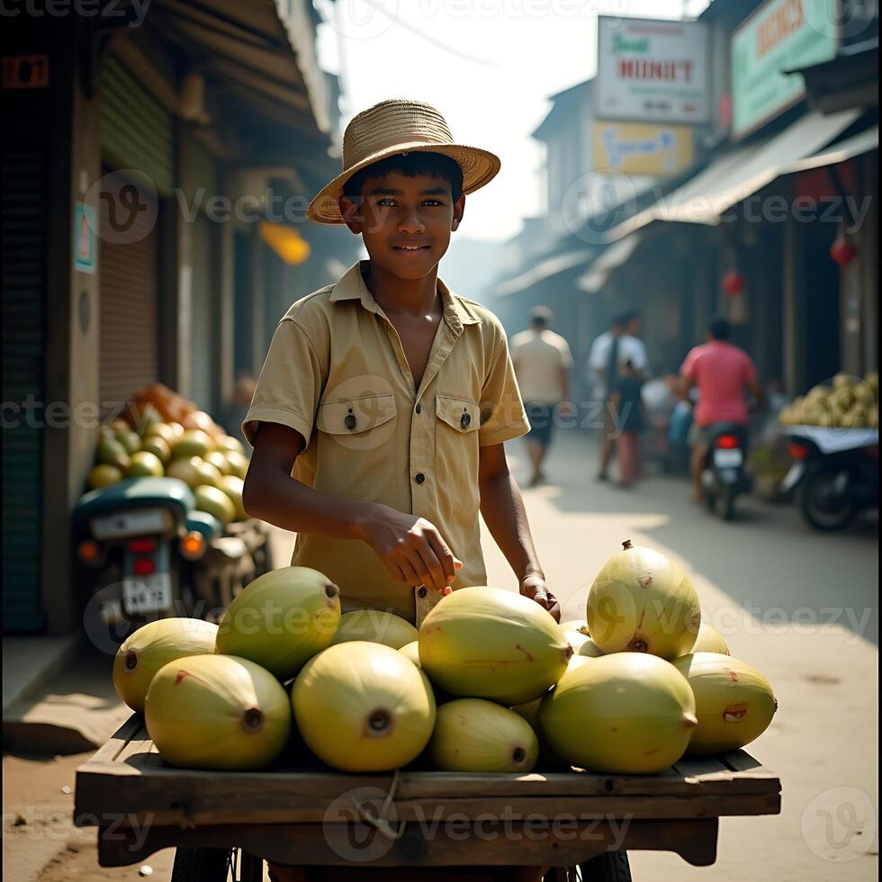 Boy Selling Coconuts on Street Cart in an Asian Town photo