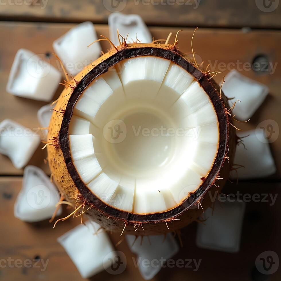 Open Coconut with White Water and Ice Cubes Overhead Shot photo