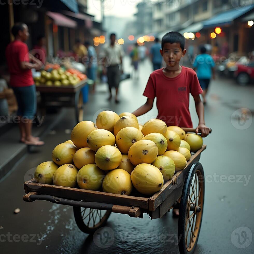 Boy Pushing Fruit Cart in Street Market Scene photo
