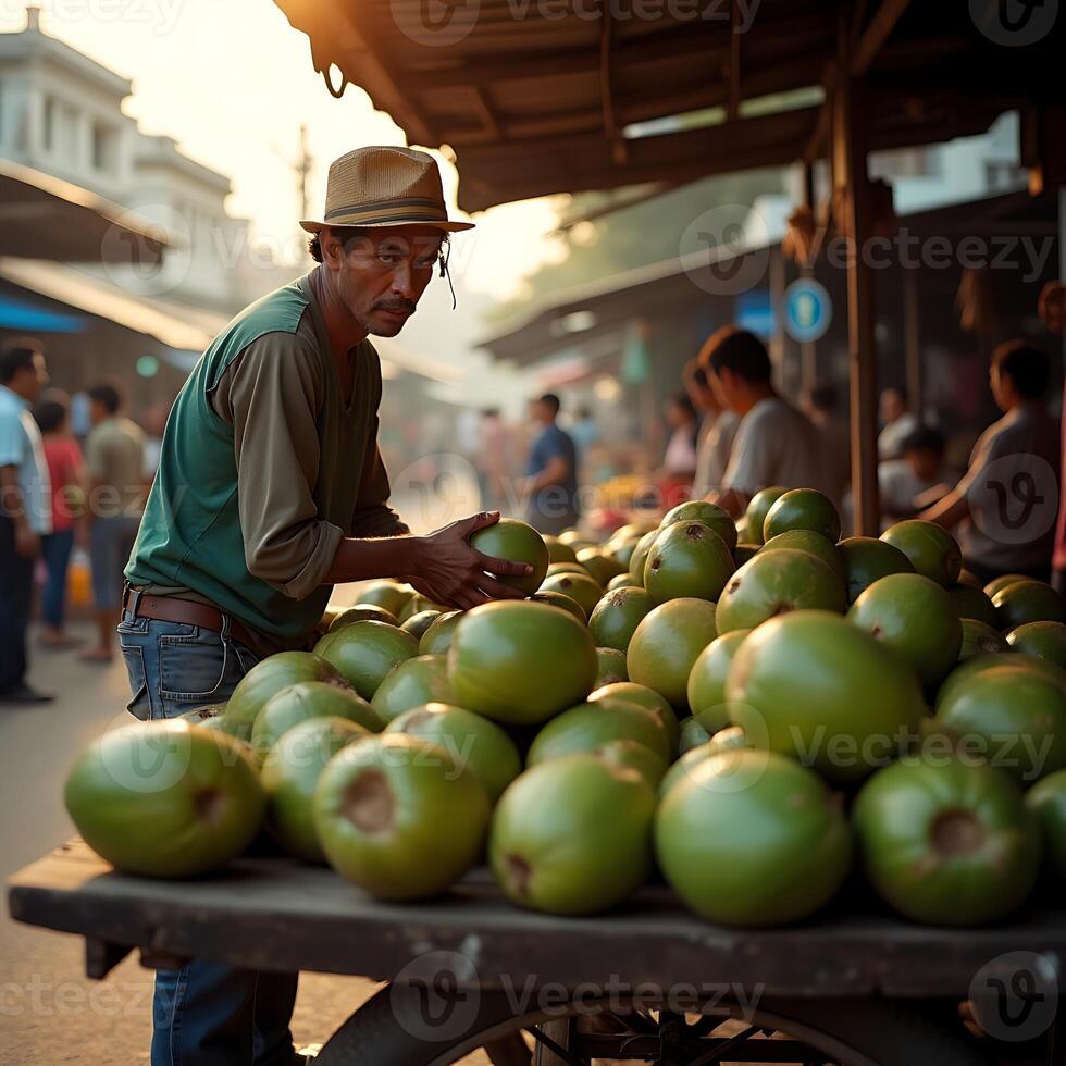 Market Vendor Arranging Round Fruits on Cart Outdoors photo