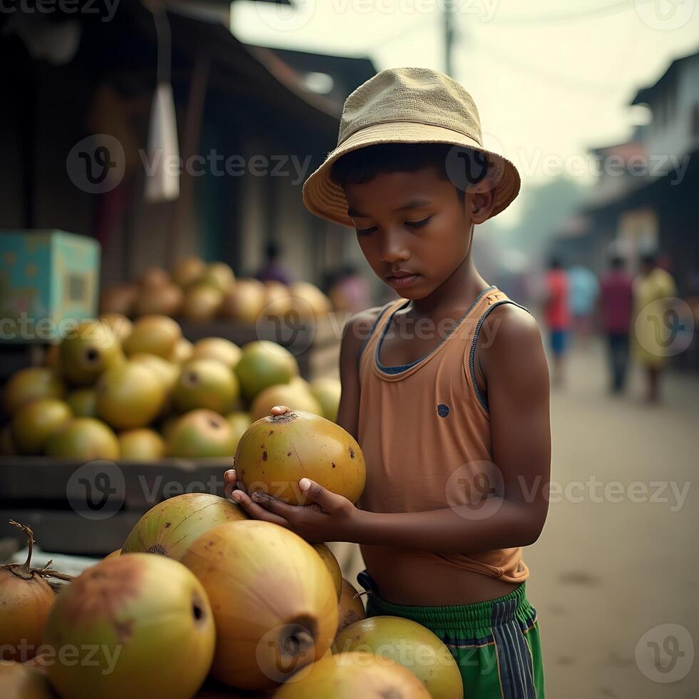 Boy Holding Coconut at Outdoor Market with Street Scene photo