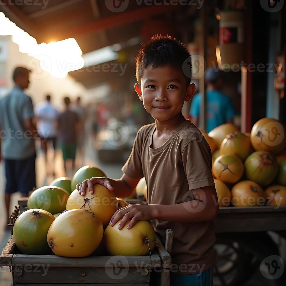 Boy with Tropical Fruits at Outdoor Market Smiling at Camera photo