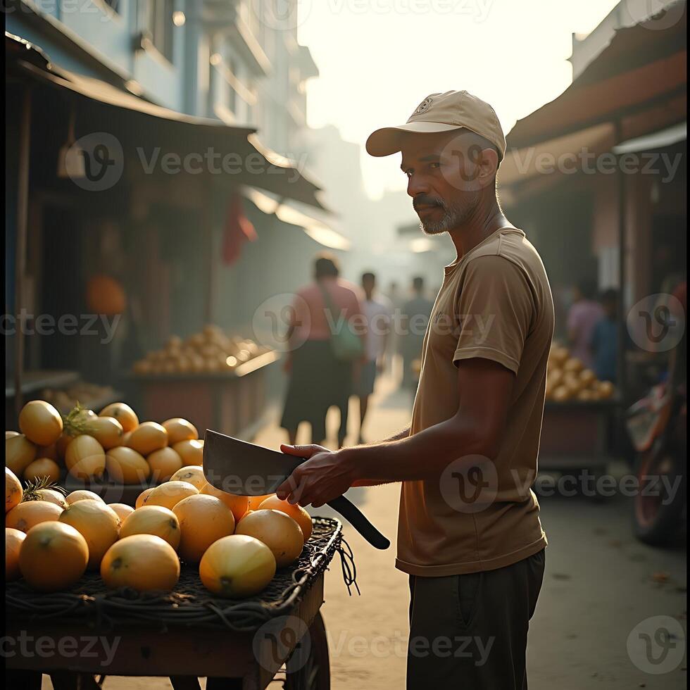 Vendor Selling Fruit at Outdoor Market with People Walking photo