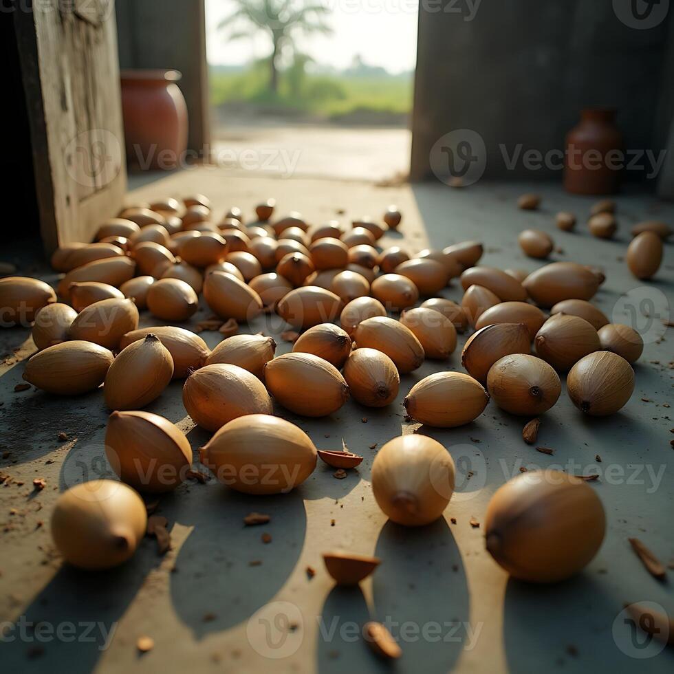 Harvested Onions Drying on Concrete Floor with Sun Light photo