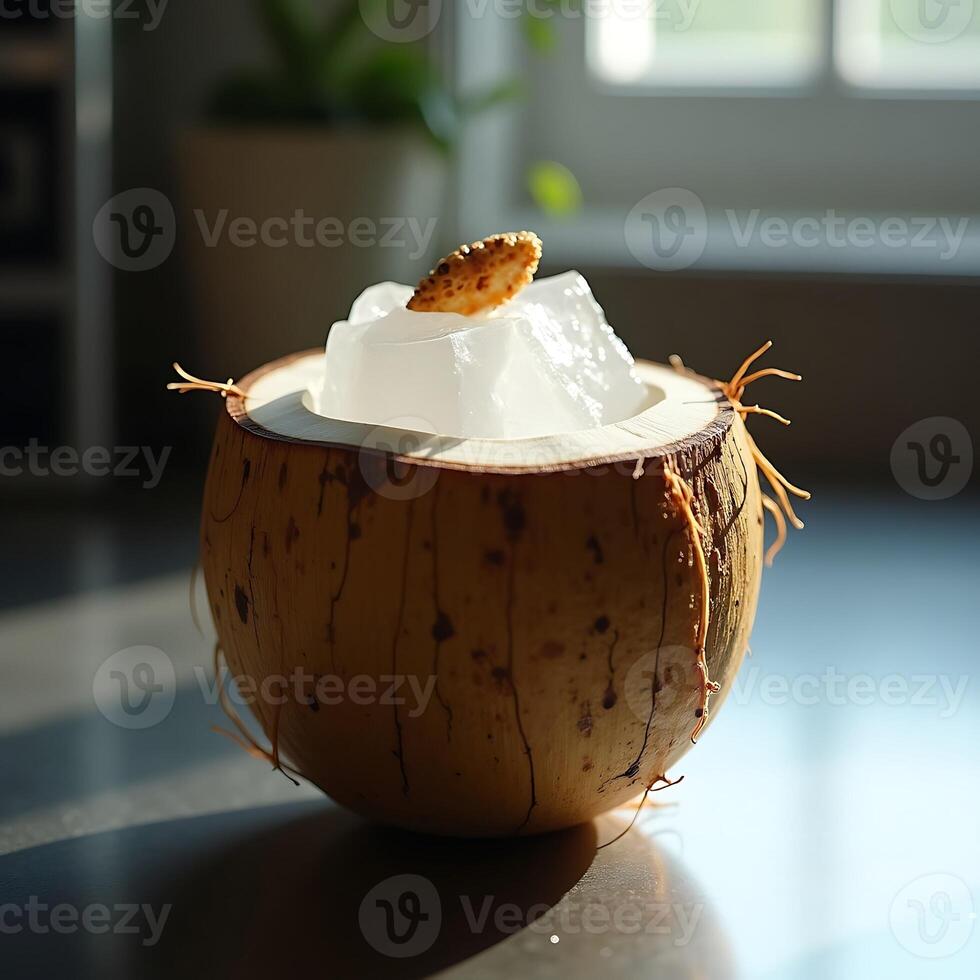Coconut Dessert with Jelly and Fruit Piece Topping Still Life photo