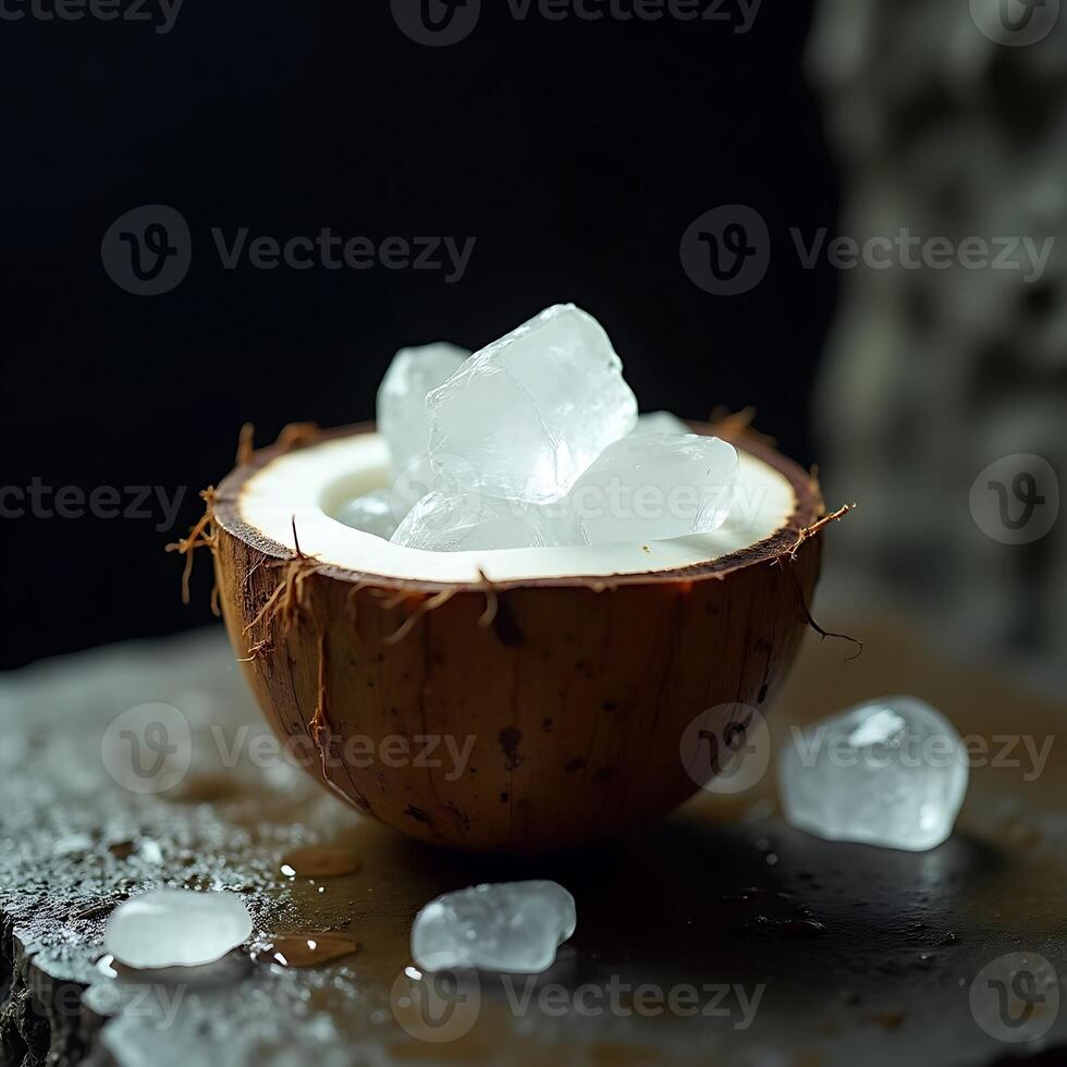 Coconut Shell with Ice Cubes on Wood Surface Still Life photo