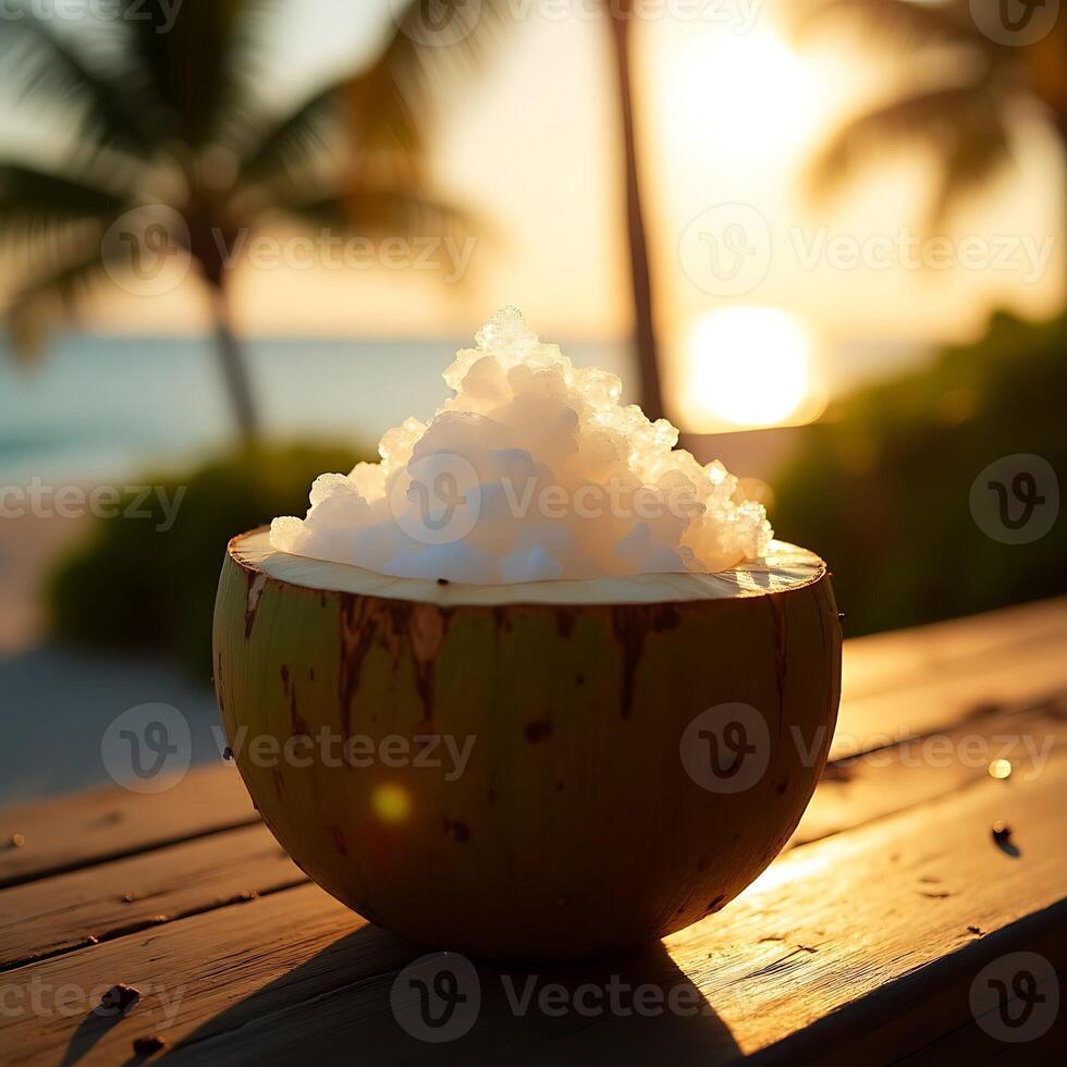 Refreshing Coconut Treat with Shaved Ice at Sunset by the Beach photo