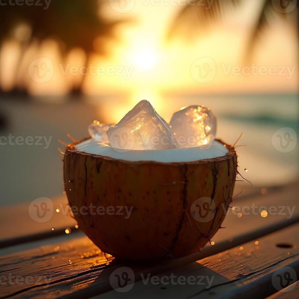 Enjoying Coconut with Ice on Tropical Beach at Sunset photo