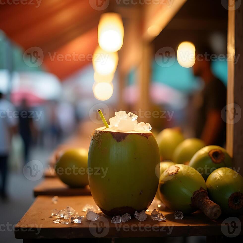 Coconut Drink with Ice on Outdoor Market Stall at Night photo