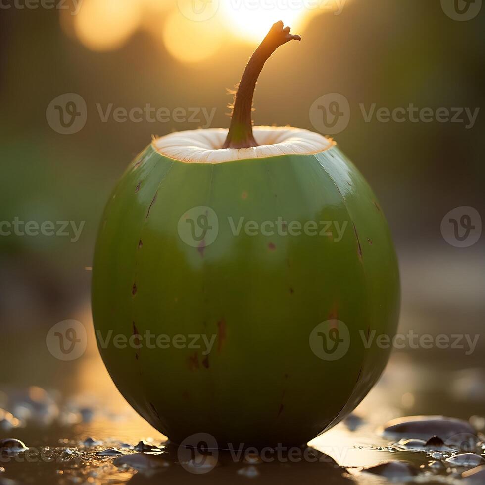 Fresh Young Coconut Standing in Water at Sunset photo