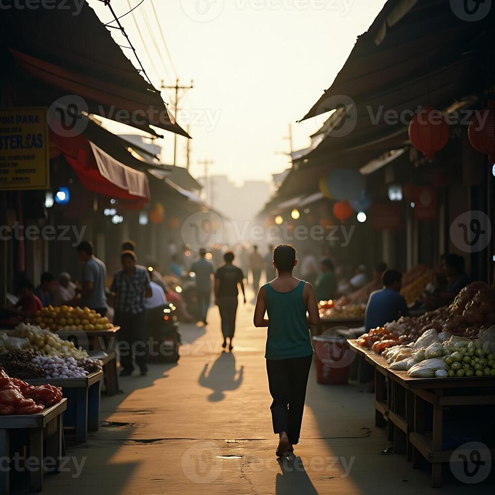 Woman Walking Down Crowded Outdoor Market Street at Dusk photo