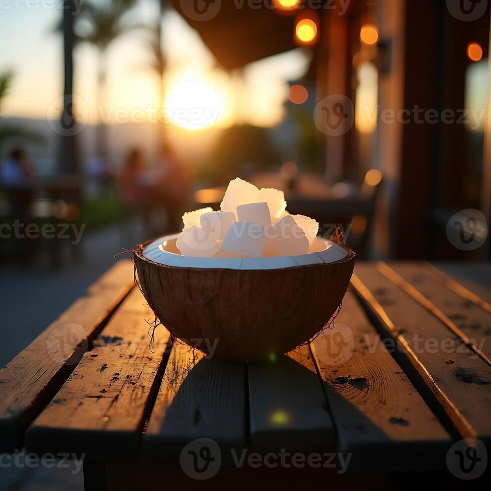 Serving Sugar Cubes in Coconut Shell at Sunset on Wooden Table photo