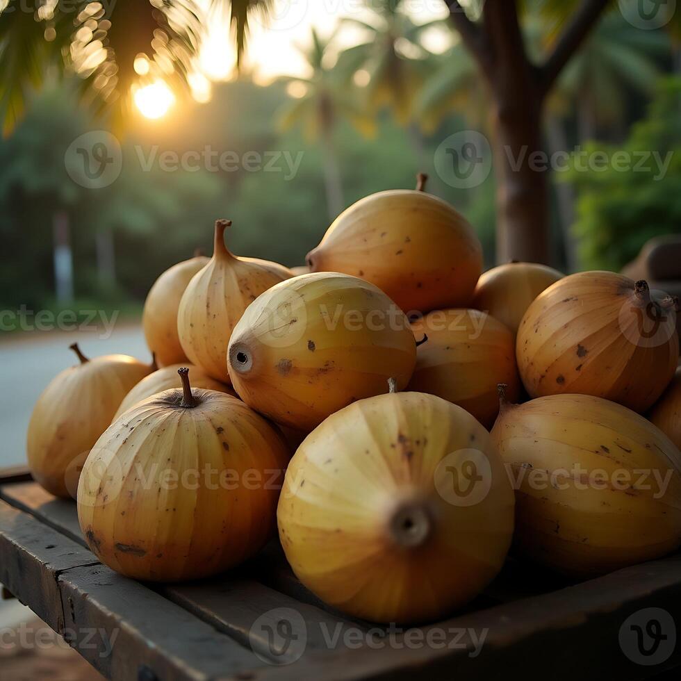Pile of Tropical Fruits on Wooden Cart in Warm Sunlight photo