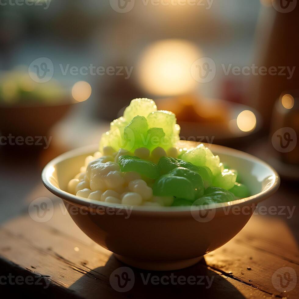 Bowl with Sweet Tapioca and Green Jelly Dessert Close-up photo