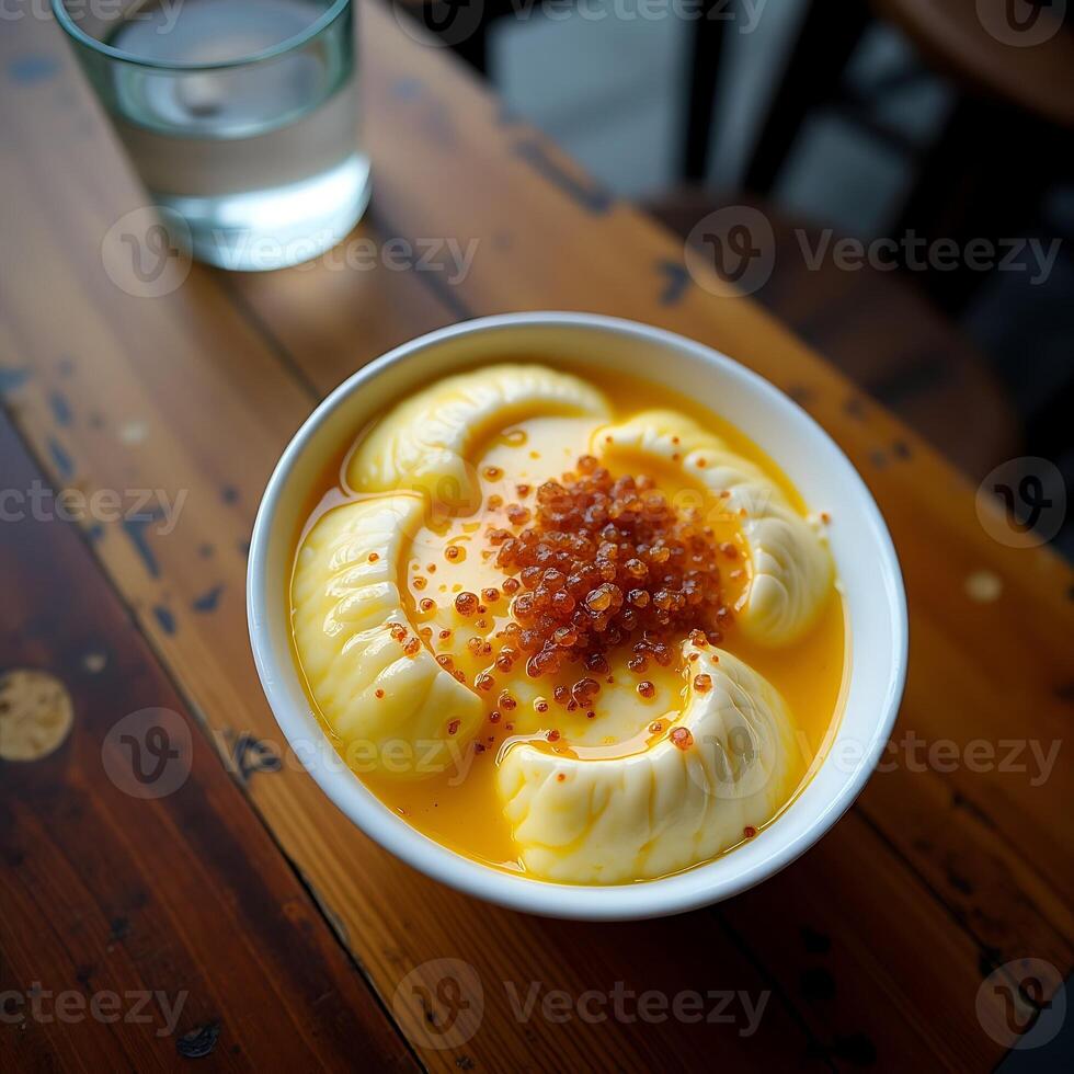 Eating Dumplings with Topping in Bowl on Wooden Table photo