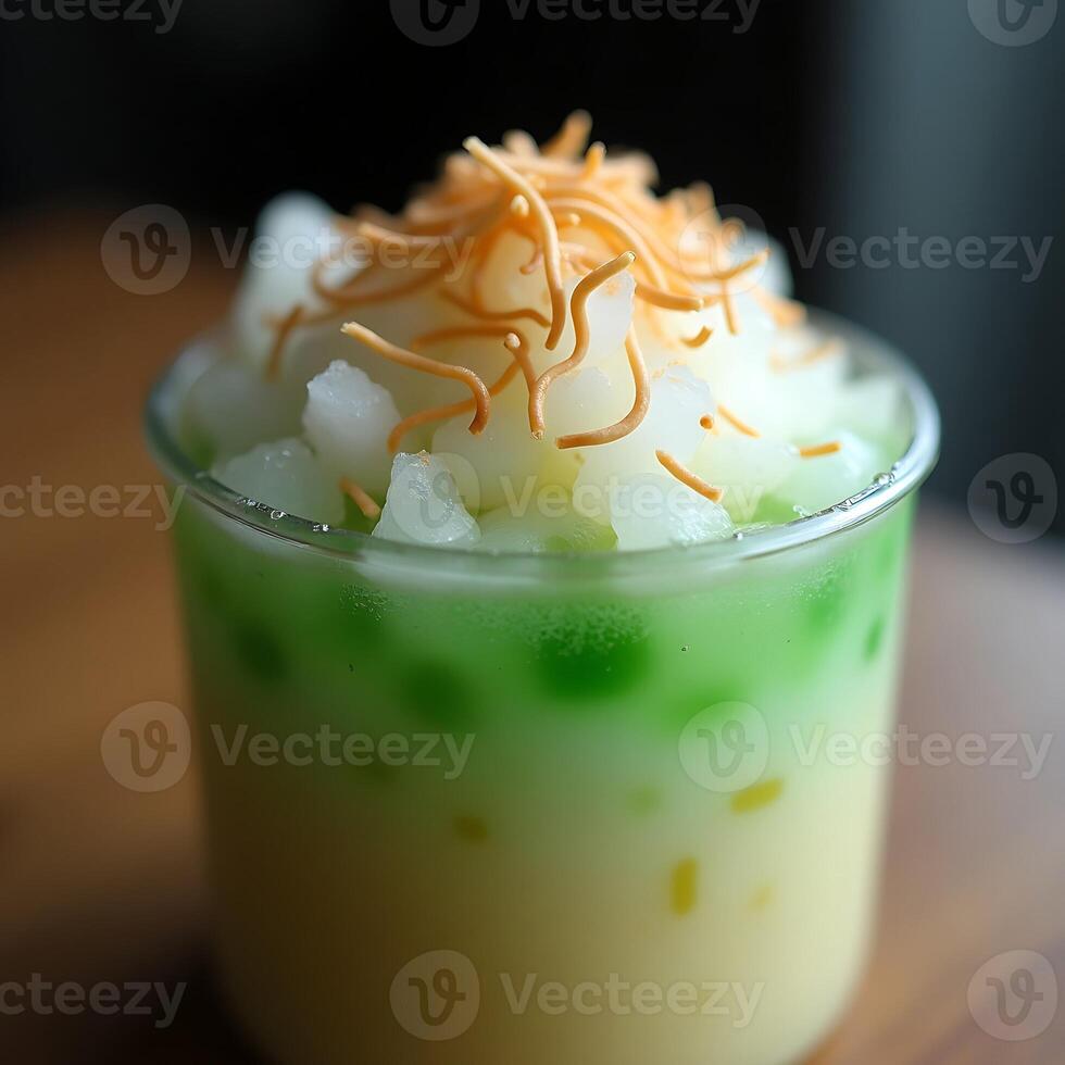 Refreshing Dessert Drink with Fruit and Toppings Close Up photo