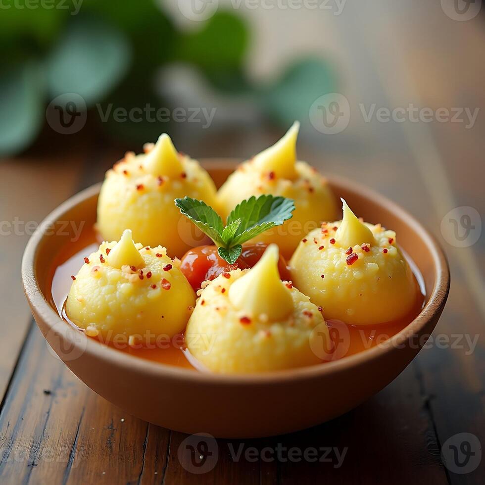 Dumplings in Broth with Sauce and Garnish Close Up View photo