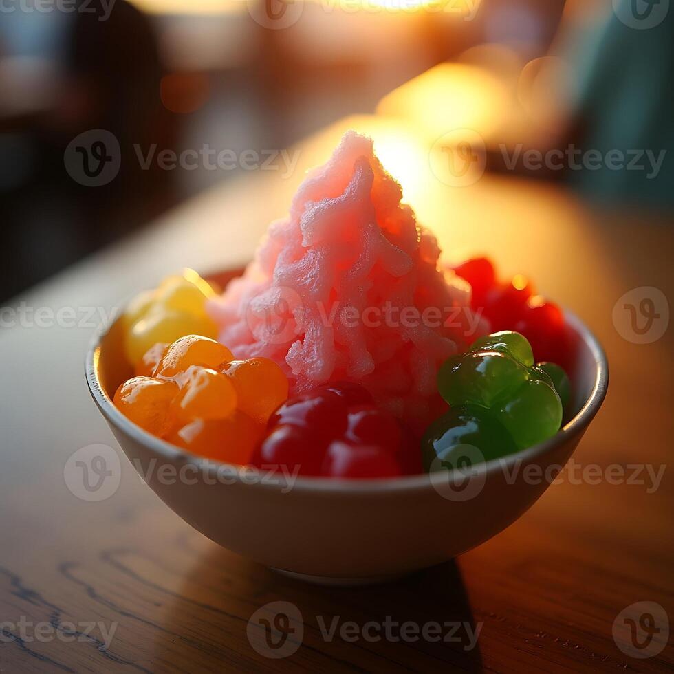 Eating Colorful Shaved Ice Dessert with Various Toppings photo